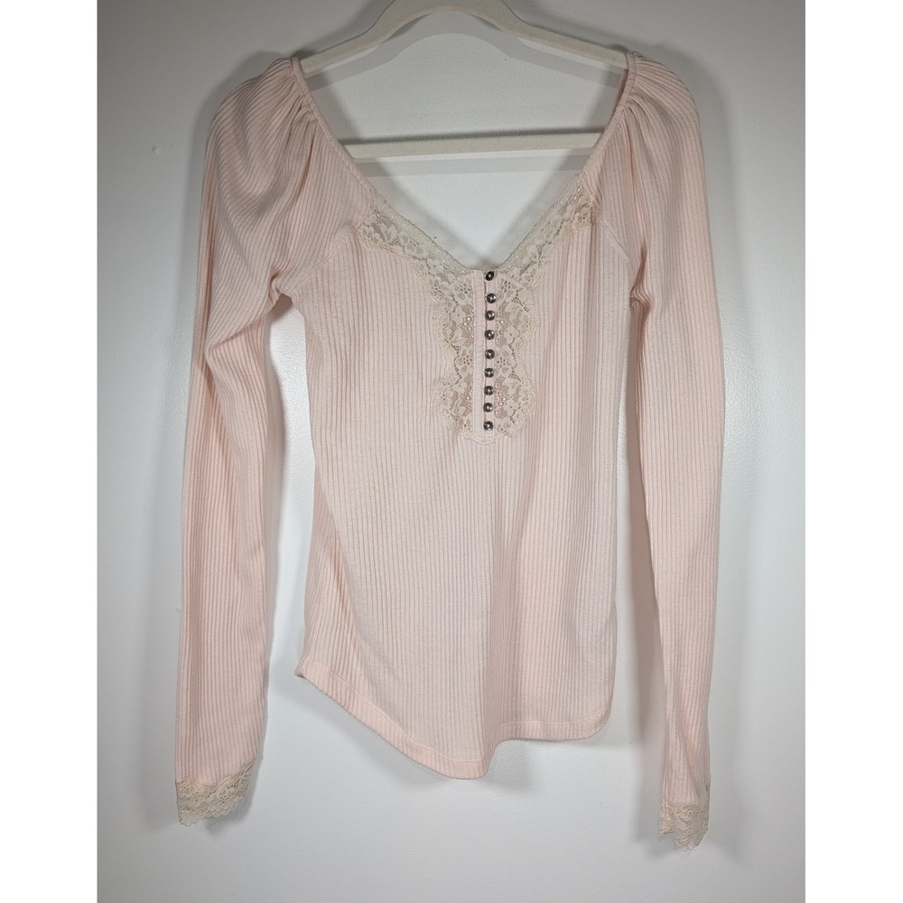 Free People Pink Ribbed Lace Trim V-Neck Long Sleeve Button Henley Top Medium